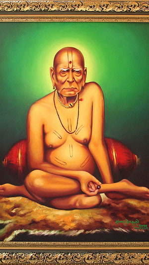 Swami Samarth Portrait Painting in Ornate Gold Frame with Green Background HD phone wallpaper