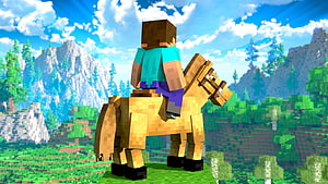 Minecraft Steve riding a horse across a lush blocky landscape with mountains and pine trees HD wallpaper