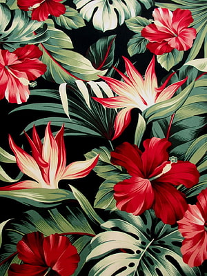 Red Hibiscus and Bird of Paradise Tropical Floral Pattern on Black Background HD phone wallpaper