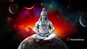 Lord Shiva Meditating on a Cosmic Planet Amidst Vibrant Nebulae and Celestial Bodies HD wallpaper