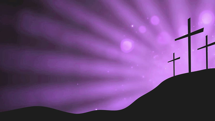 Purple Holy Week Crosses on Hilltop with Radiant Light Rays and Bokeh HD wallpaper