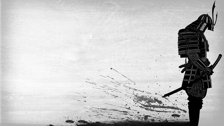 Black and White Samurai Warrior Silhouette with Katana and Ink Splatter HD wallpaper