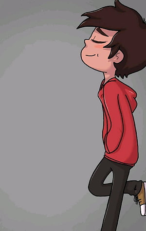 Cartoon Boy in Red Hoodie Walking with Closed Eyes and Relaxed Expression HD phone wallpaper
