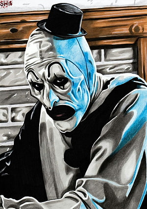 Art the Clown from Terrifier in a dark and eerie horror illustration HD phone wallpaper