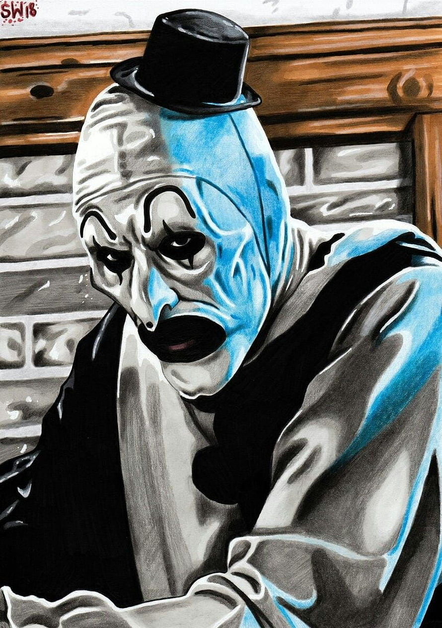 Art the Clown from Terrifier in a dark and eerie horror illustration HD phone wallpaper