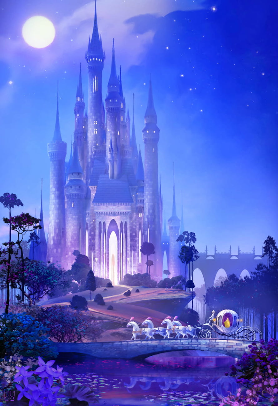 Cinderella's Pumpkin Coach Arriving at the Royal Castle Under a Full Moon HD phone wallpaper