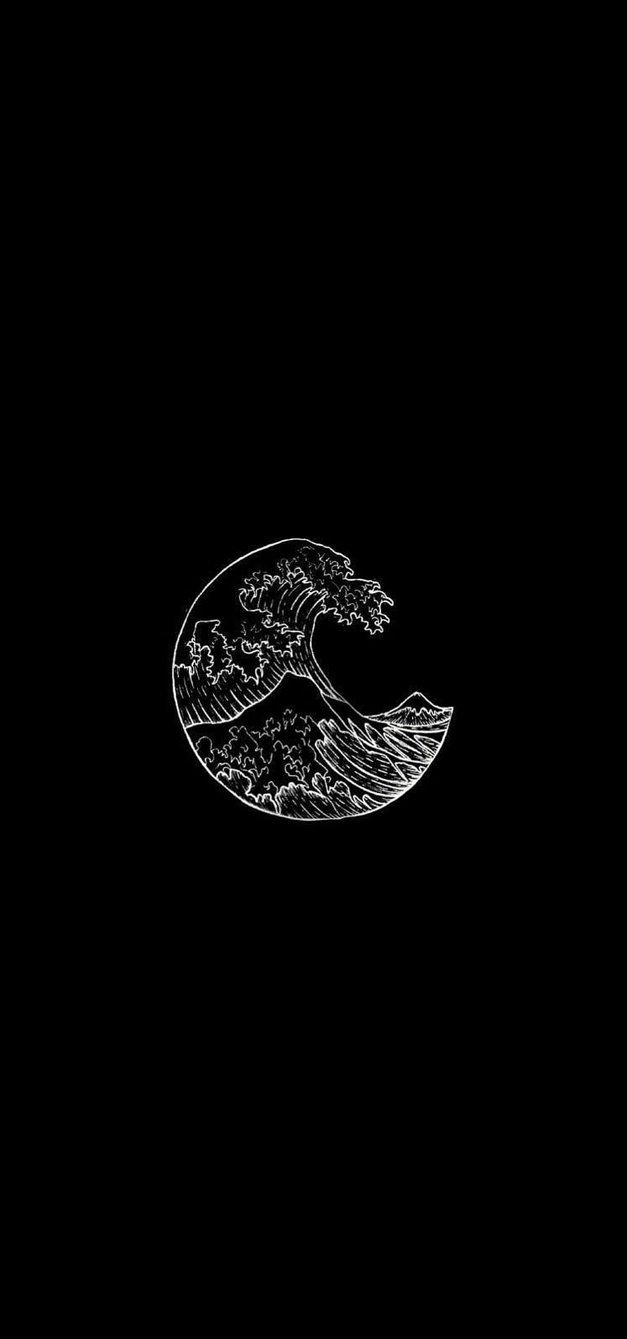 Minimalist White Line Art of a Crashing Ocean Wave on a Black Background HD phone wallpaper