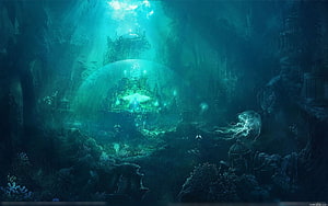 Mystical Underwater Fantasy Castle with Glowing Dome and Bioluminescent Ocean Cavern HD wallpaper