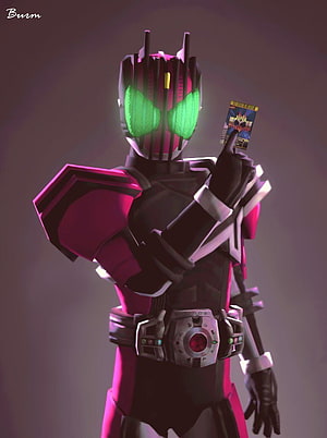 Kamen Rider Decade in Black and Pink Armor Holding Ride Card HD phone wallpaper