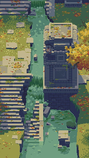 Pixel Art Autumn Ruins and Stone Bridge Over a Forest Stream HD phone wallpaper