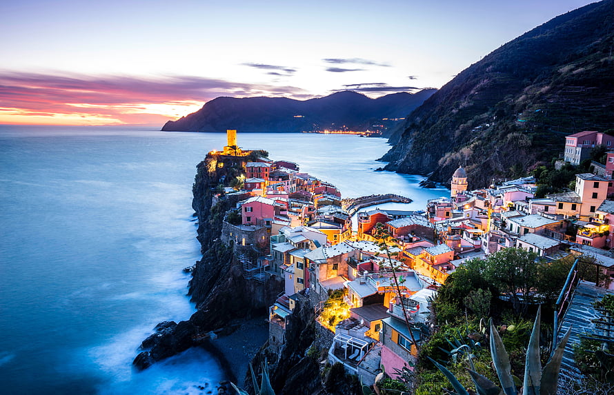 Vernazza at Dusk: Colorful Cliffside Village and Tower Over the Ligurian Sea HD wallpaper