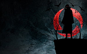 Naruto Villain Silhouette Against a Blood Red Moon with Crows and Dead Trees HD wallpaper