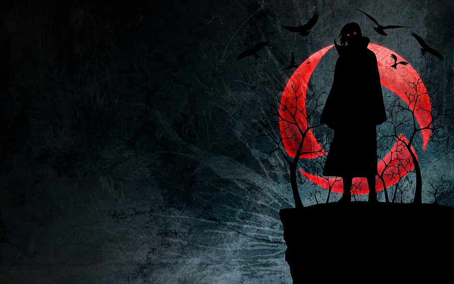 Naruto Villain Silhouette Against a Blood Red Moon with Crows and Dead Trees HD wallpaper