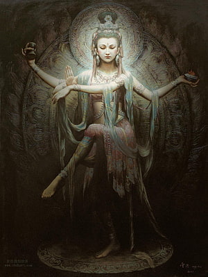 Kuan Yin Bodhisattva in Multi-Armed Divine Pose with Ornate Halo and Flowing Silk Drapery HD phone wallpaper