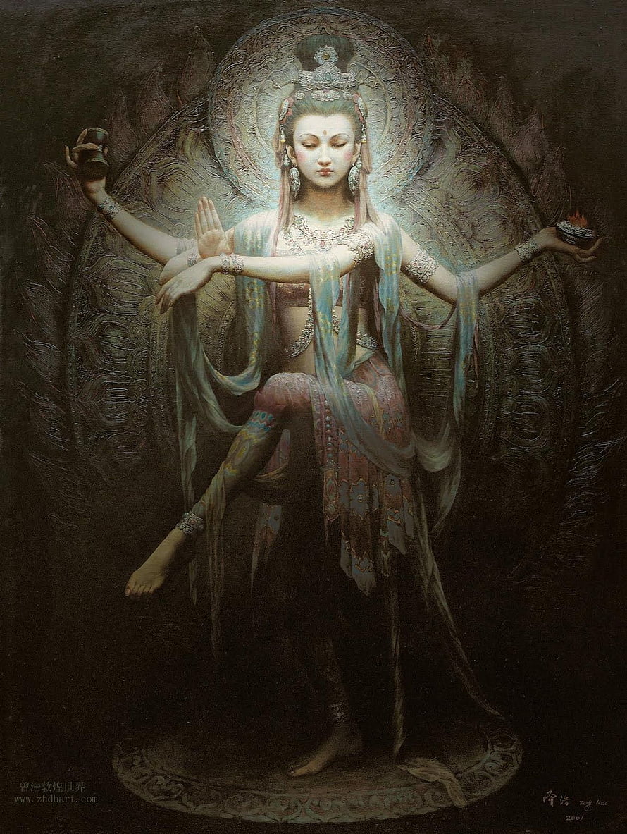 Kuan Yin Bodhisattva in Multi-Armed Divine Pose with Ornate Halo and Flowing Silk Drapery HD phone wallpaper