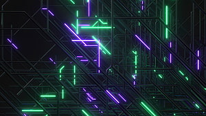 Abstract Geometric Neon Circuit Pattern with Green and Purple Light Lines on Dark Background HD wallpaper