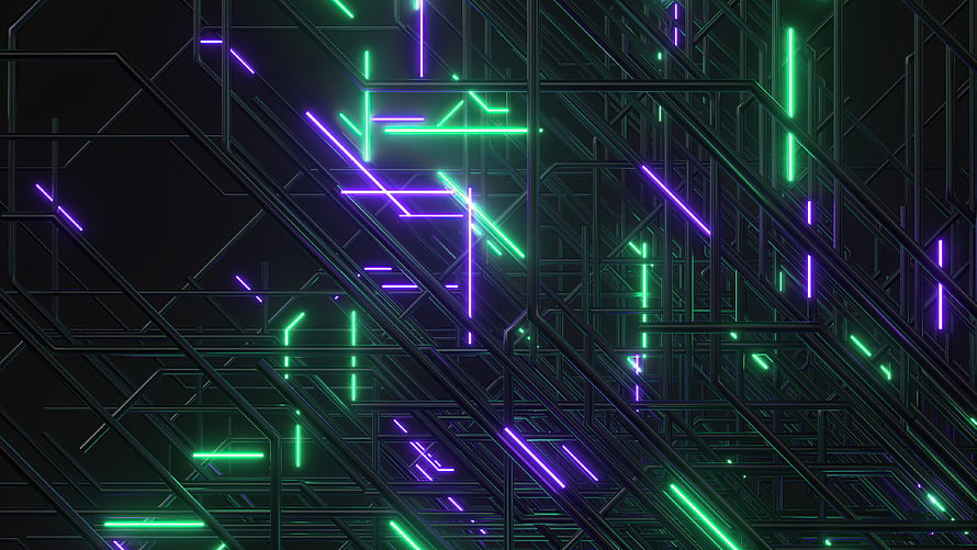 Abstract Geometric Neon Circuit Pattern with Green and Purple Light Lines on Dark Background HD wallpaper