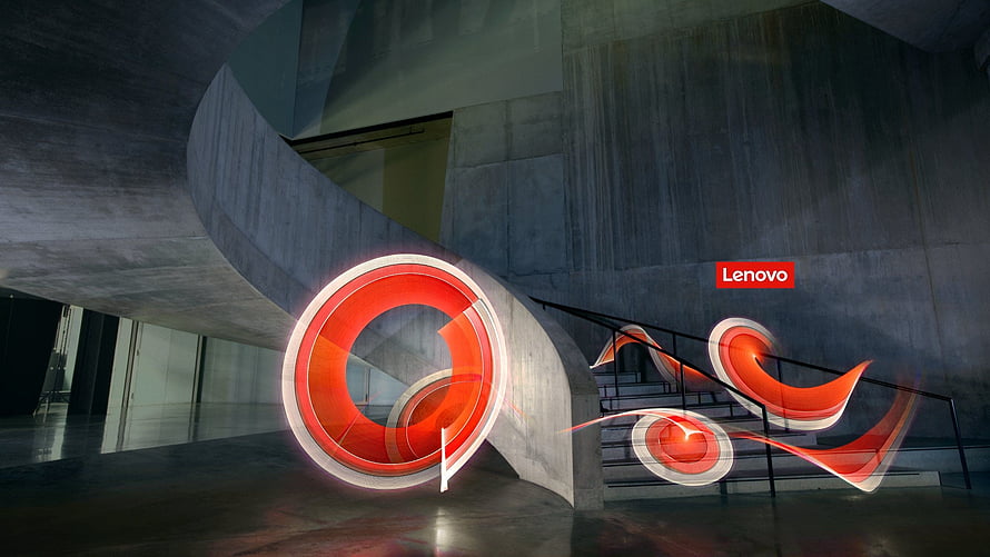 Lenovo Logo Displayed in Modern Concrete Architecture with Red Abstract Light Trails HD wallpaper
