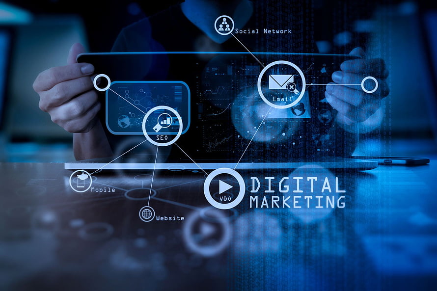 Digital Marketing Strategy Concept with Connected Icons on Tablet HD wallpaper