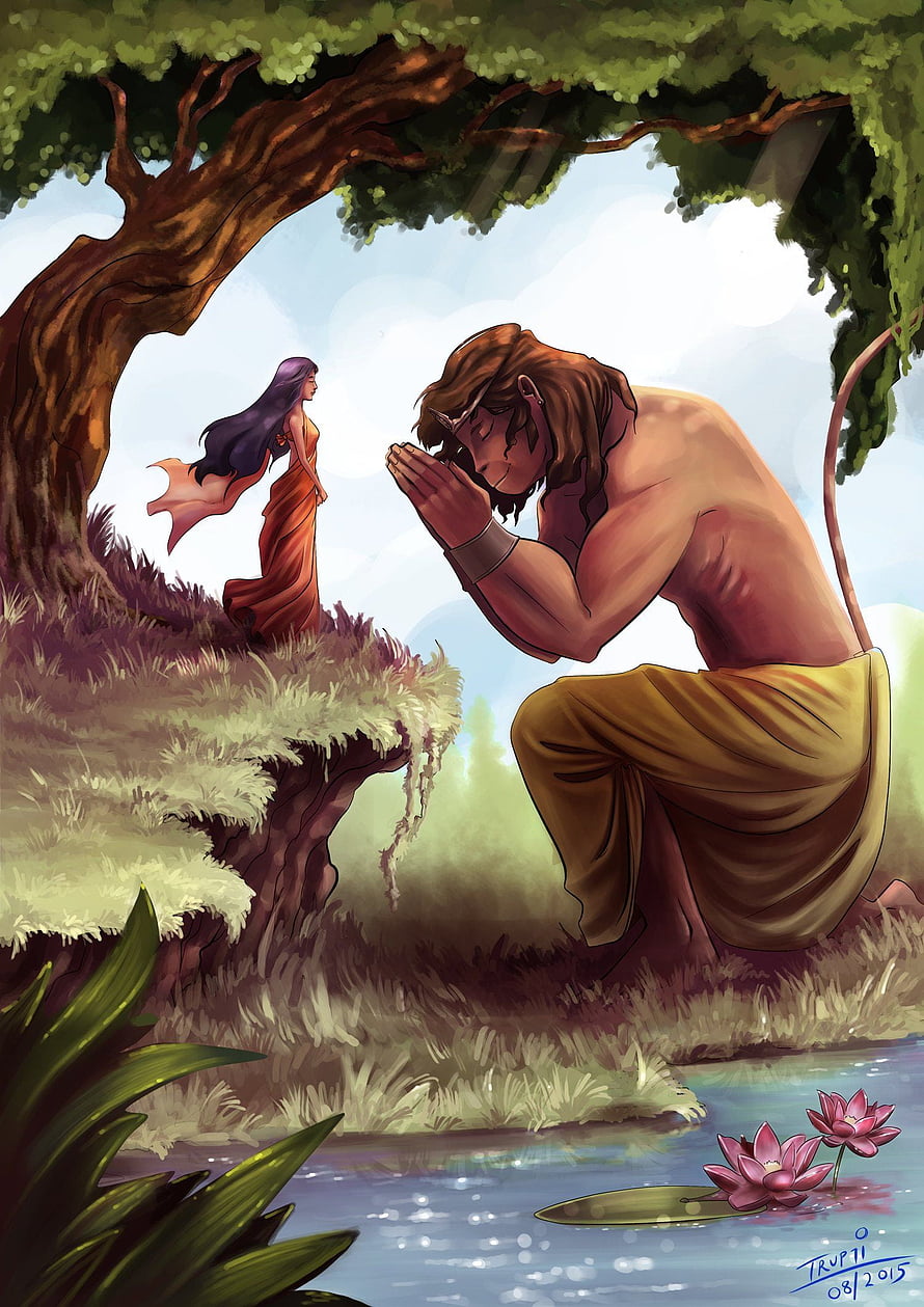 Lord Hanuman in Prayer Beside a Lotus Pond with Sita in the Background HD phone wallpaper