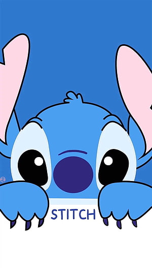 Cute Stitch Peeking Over Edge with Blue Background and Paws HD phone wallpaper