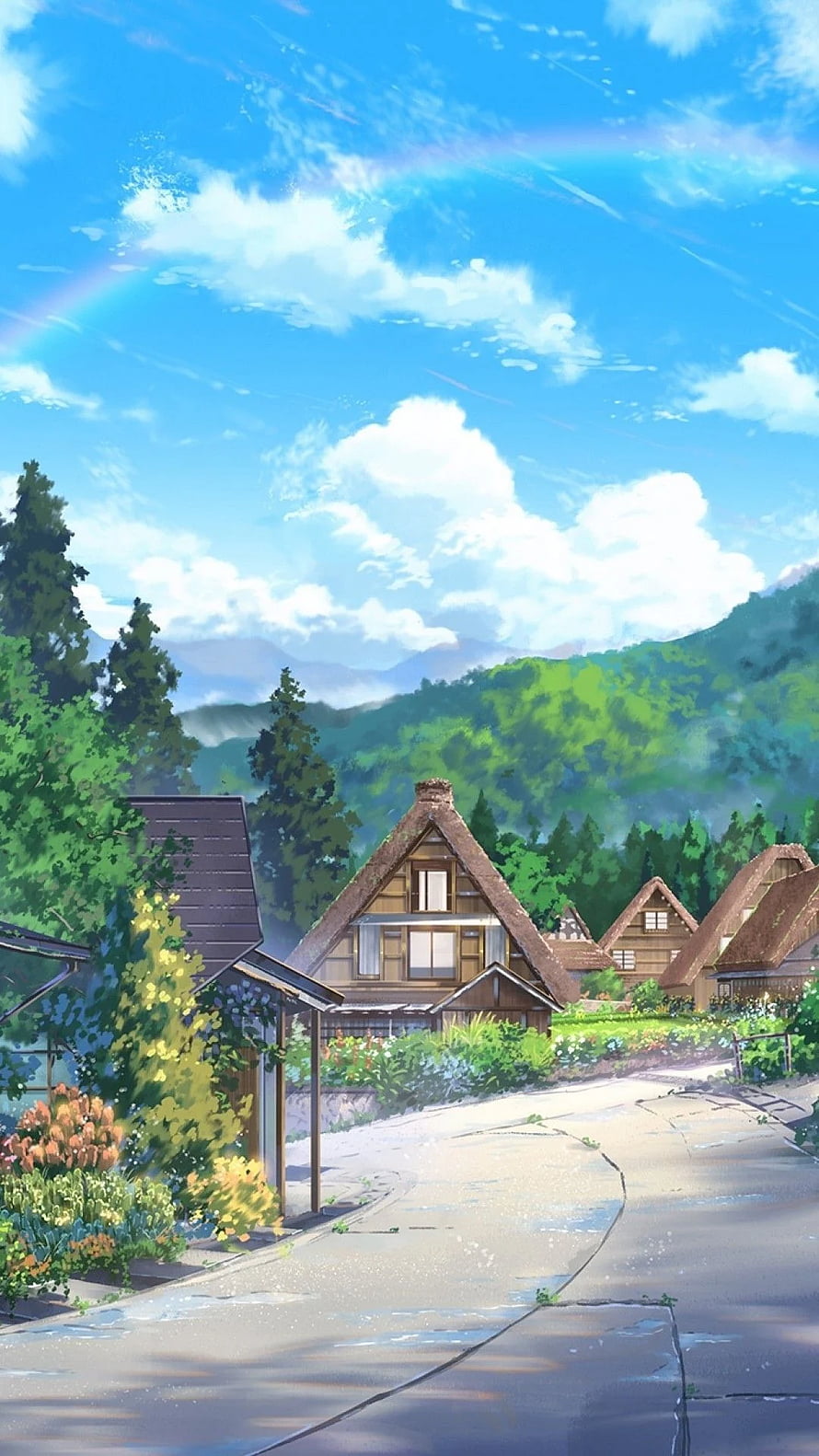 Serene Japanese Village Landscape with Thatched Roofs and Lush Green Mountains Under a Bright Blue Sky HD phone wallpaper
