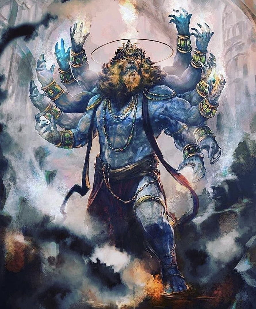 Lord Narasimha Divine Avatar with Multiple Arms and Halo in Mythological Fantasy Art HD phone wallpaper