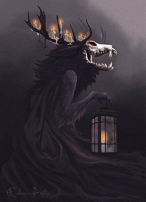 Wendigo Dark Fantasy Creature with Candle Antlers and Lantern HD phone wallpaper