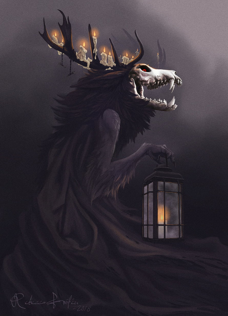 Wendigo Dark Fantasy Creature with Candle Antlers and Lantern HD phone wallpaper