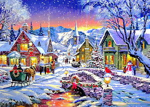 Old Fashioned Christmas Village Scene with Horse Sleigh, Snowman, and Decorated Cottages at Dusk HD wallpaper