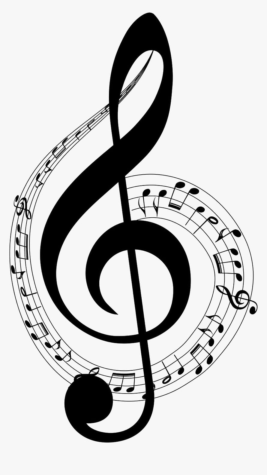 Elegant Treble Clef with Curved Musical Staff and Notes in Black and White HD phone wallpaper