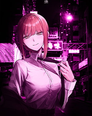 Makima from Chainsaw Man in a white shirt and tie against a neon-lit city street at night HD phone wallpaper