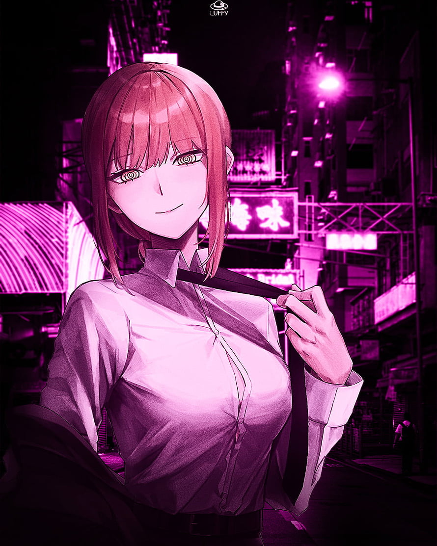 Makima from Chainsaw Man in a white shirt and tie against a neon-lit city street at night HD phone wallpaper