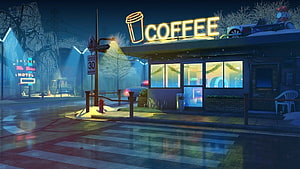 Cozy Animated Coffee Shop at Night with Neon Sign and Rainy Street HD wallpaper