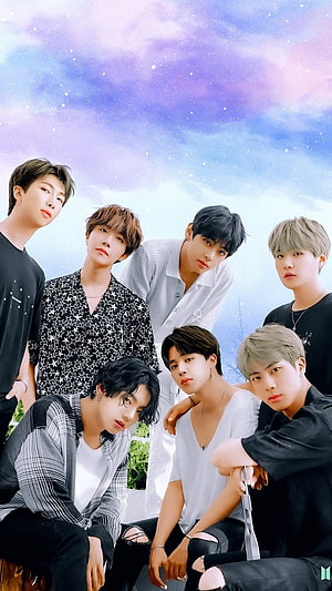 BTS Group Portrait Against Dreamy Pastel Sky With Starry Clouds HD phone wallpaper