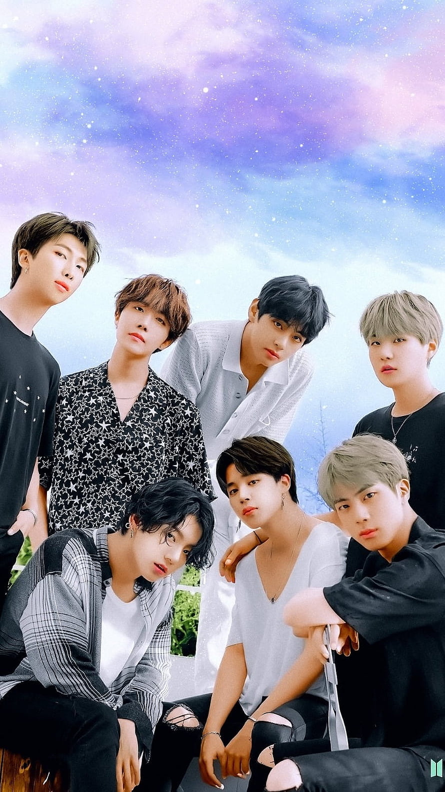 BTS Group Portrait Against Dreamy Pastel Sky With Starry Clouds HD phone wallpaper