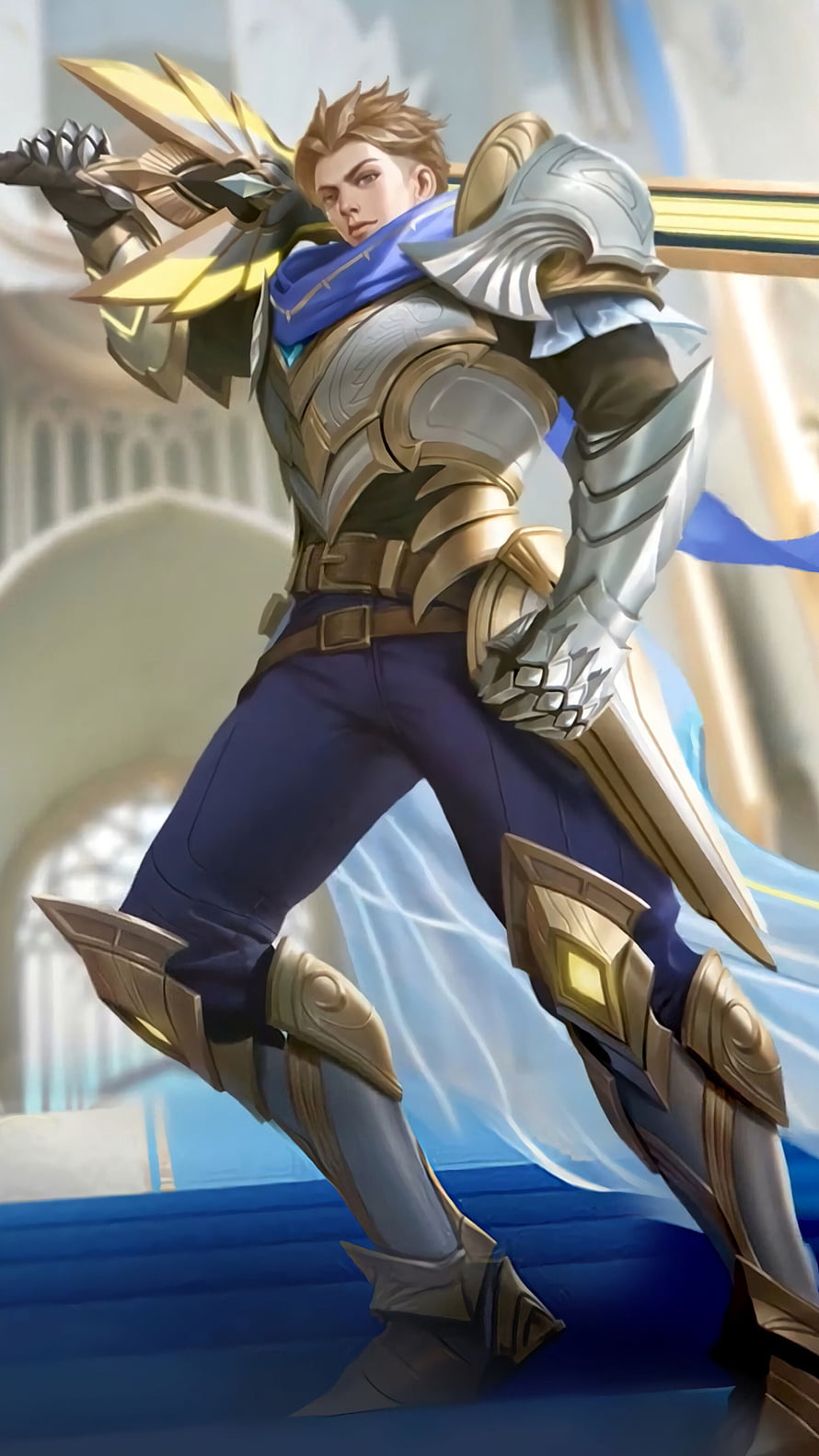 Lightborn Alucard in Golden Knight Armor Holding a Sword in a Fantasy Castle HD phone wallpaper