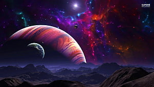 Vibrant Nebula and Gas Giant Over Alien Mountain Landscape in Deep Space HD wallpaper