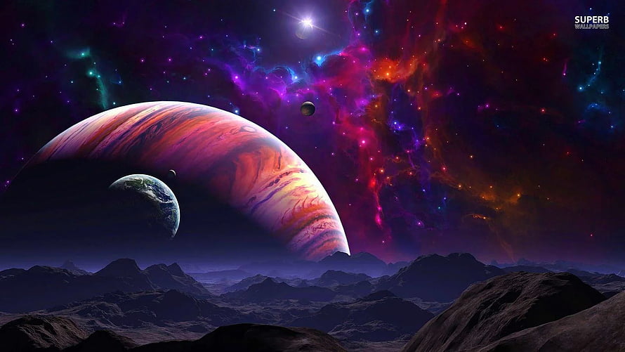 Vibrant Nebula and Gas Giant Over Alien Mountain Landscape in Deep Space HD wallpaper