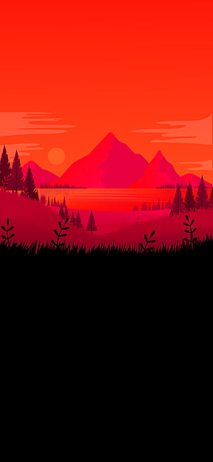 Minimalist Red Mountain Landscape with Pine Trees and Lake at Sunset HD phone wallpaper