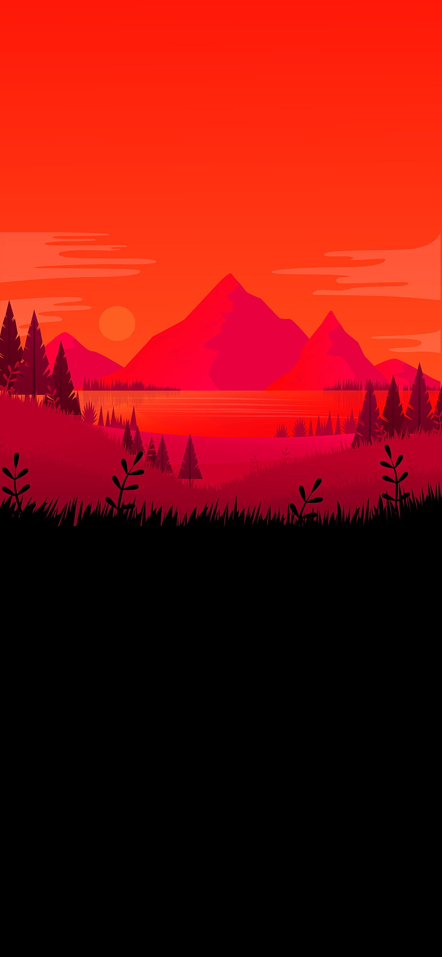 Minimalist Red Mountain Landscape with Pine Trees and Lake at Sunset HD phone wallpaper