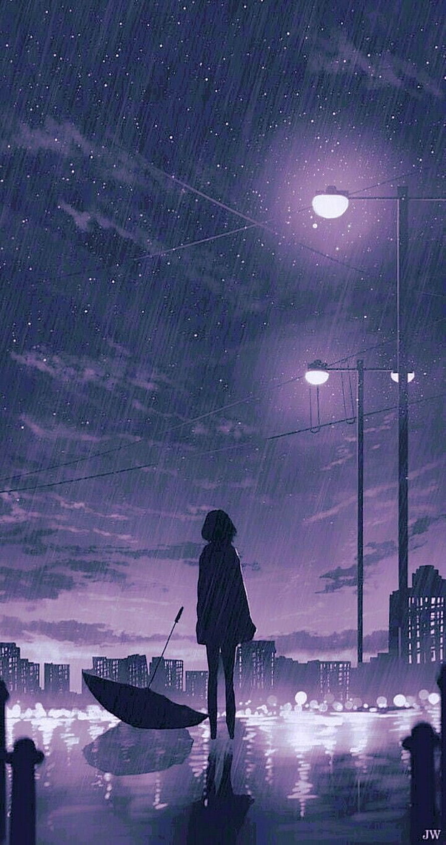 Anime Girl Standing in Rainy Cityscape at Night with Streetlights and Umbrella HD phone wallpaper