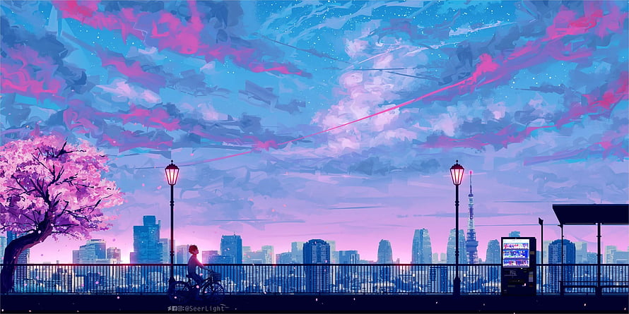 Anime Cityscape at Dusk with Cherry Blossoms and Tokyo Skyline HD wallpaper