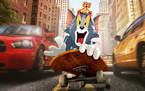 Tom and Jerry Skateboarding Through a Busy City Street Amid Traffic HD wallpaper