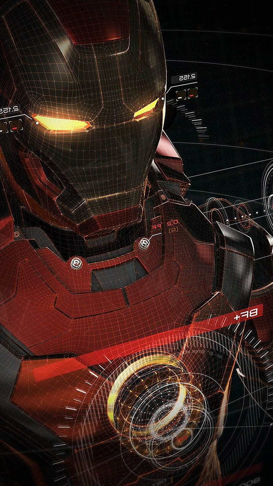 Iron Man 3D Wireframe Armor with Glowing Arc Reactor and HUD Interface HD phone wallpaper