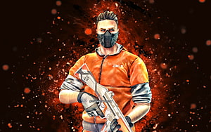 Standoff 2 Character in Orange Tactical Gear Holding Assault Rifle Against Fiery Background HD wallpaper