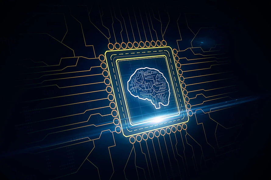 Glowing Microprocessor Chip with Circuit Brain Icon on Dark Blue Technology Background HD wallpaper