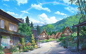 Anime Japanese Village Landscape With Thatched Roofs, Rainbow, and Lush Green Hills HD wallpaper