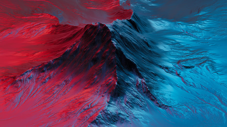 Abstract Mountain Peak Split by Neon Red and Cyan Light HD wallpaper