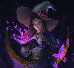 Luminita Pham Fantasy Witch Reading a Glowing Spellbook with Purple Butterflies HD wallpaper